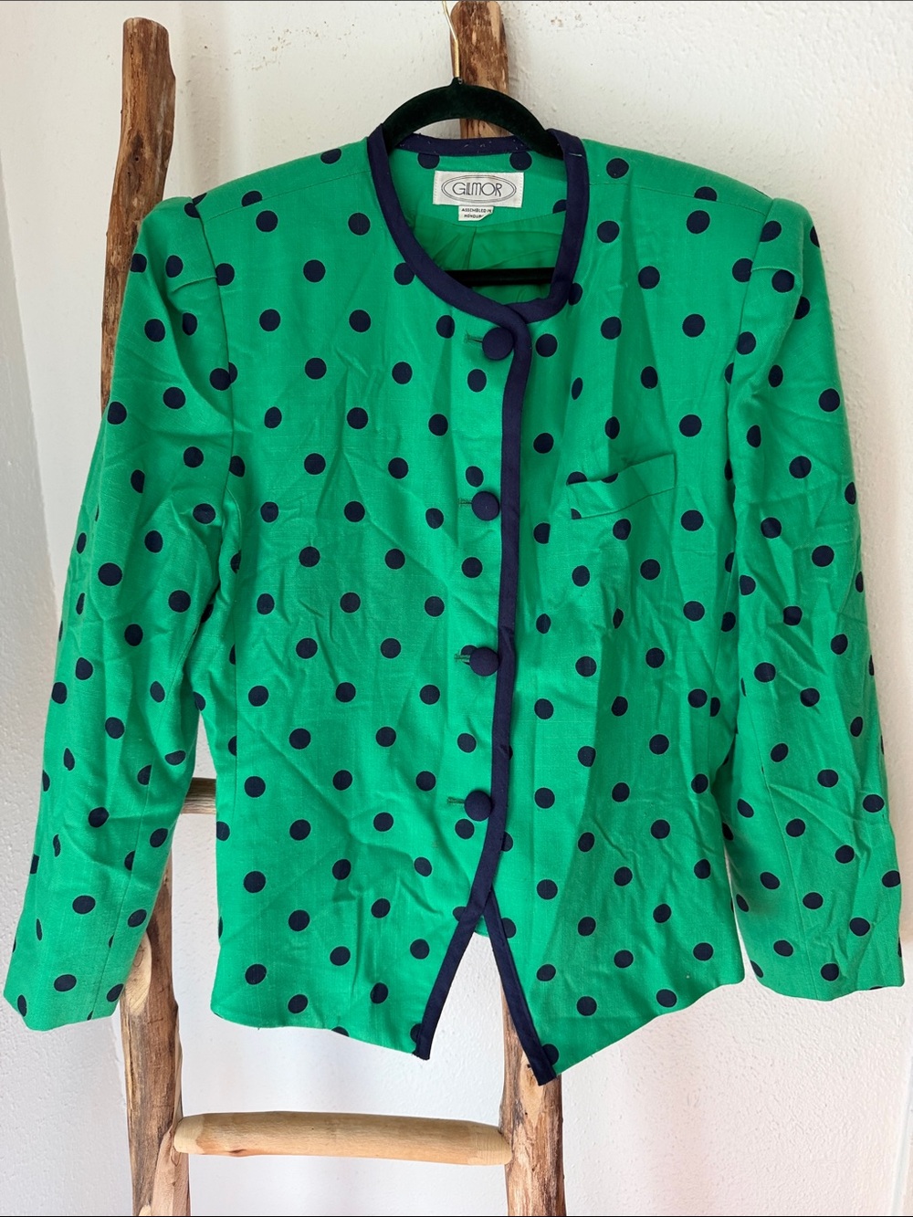 Vintage Gilmor Kelly Green Navy Polka Dot Blazer with Navy Trim Tailored 14 Larg